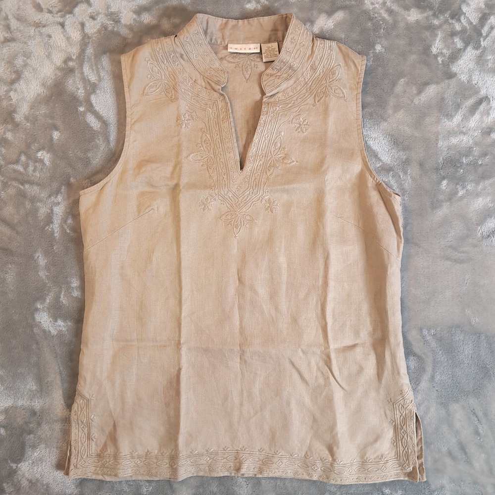 Tweeds 100% Linen Tank With Embroidered Flowers Size L Khaki